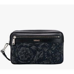 Versace Athena Black Jacquard Barocco Clutch Bag Leather Wrist Strap NWT $995